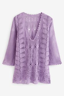 Lilac Purple Long Sleeved Crochet Summer Dress (A09913) | £36