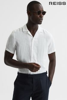 Reiss White Rufus Regular Fit Linen Cuban Collar Shirt (A11835) | £88