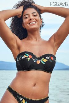 Figleaves Black Seville Underwired Embroidered Bandeau Strapless Bikini Top