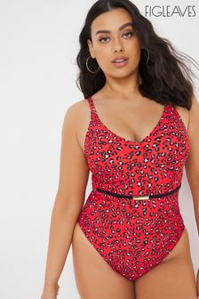 Figleaves Red Mala Underwired Belted Leopard Tummy Control Swimsuit