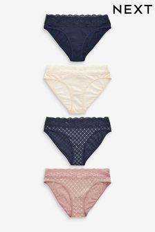 Cream/Navy High Leg Lace Trim Cotton Blend Knickers 4 Pack (A13498) | £17