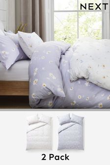 2 Pack Lilac Purple Ditsy Daisy Duvet Cover and Pillowcase Set