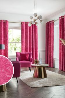 Fuschia Pink Flocked Damask Eyelet Curtains