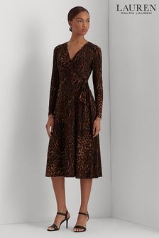Lauren Ralph Lauren Womens Leopard Print Stretch Wrap Midi Ivy Dress