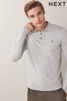 Grey with Stag Embroidery Knitted Polo Shirt (A16231) | £28