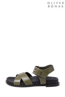 Oliver Bonas Green Crossover And Studded Trim Leather Sandals
