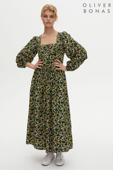 Oliver Bonas Green Painted Floral Print Midi Dress