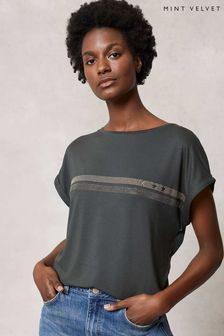 Mint Velvet Khaki Green Varsity Hotfix T-Shirt (A21814) | £45