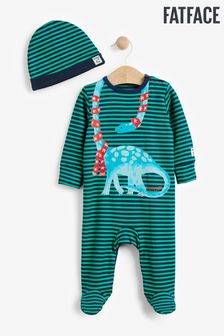 FatFace Baby Green Crew Dinosaur Sleepsuit  And Hat Set