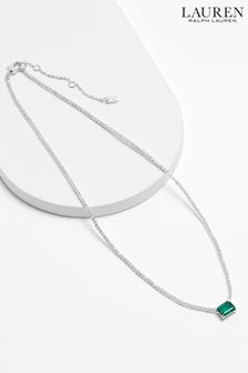 Lauren Ralph Lauren Silver Tone Green Baguette Necklace