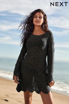 Black Slash Neck Crochet Beach Cover-Up (A26779) | £39