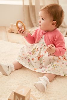 Floral Woven Prom Dress, Knickers And Cardigan Set (0mths-2yrs)