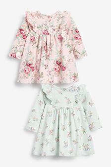 Pink 2 Pack Short Sleeved Floral Baby Dresses (0mths-3yrs) (A31938) | £15 - £17