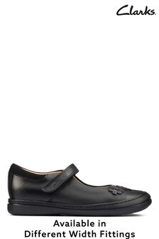 Clarks Black Daisy Detail Leather Wide Fit Shoes
