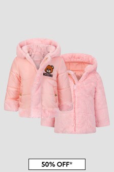 Moschino Kids Baby Girls Pink Reversible Teddy Logo Jacket