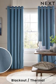 Mid Blue Cotton Eyelet Blackout/Thermal Curtains
