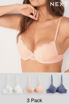 Navy Blue/Cream/Nude Push Up Plunge Lace Bras 3 Pack (A38297) | £36