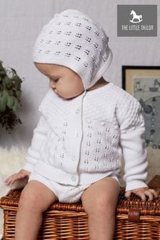 The Little Tailor 3 Piece White Knitted Baby Cardigan, Bonnet, Bloomers Set