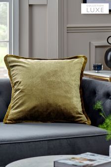Olive Green Collection Luxe Textured Velvet Fringe Cushion With Feather Pad