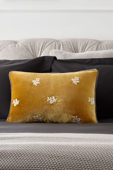 Ochre Yellow Embroidered Velvet Cushion