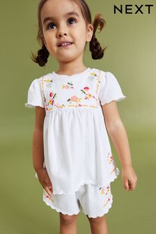 White Embroidered Floral Scallop Short Sleeve Top And Shorts Set (3mths-7yrs) (A40394) | £15 - £19