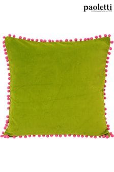 Riva Paoletti Green/Fuchsia Pink Velvet Pom Pom Polyester Filled Cushion