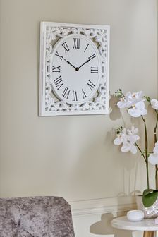 White Vintage Carved Wood Wall Clock
