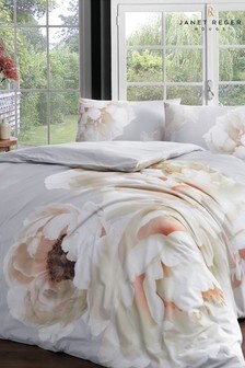 Janet Reger Silver Peony Mist Duvet Cover and Pillowcase Set