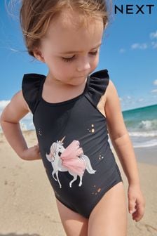 Black Unicorn Frill Sleeved Swimsuit (3mths-12yrs) (A45016) | £13 - £16