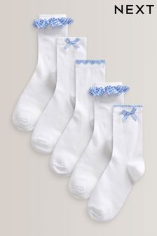 Girls Soft White Cotton Ankle Socks Turn over Top UK Made. 3 pairs with Gingham Trims School Sizes and Colours 