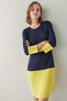 Jersey Dress With Contrast Lime Woven Hem And Cuff