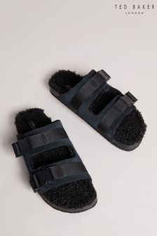 Ted Baker Dougie Black Suede Nylon Clip Two Strap Slippers