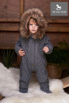 The Little Tailor Charcoal Grey Baby Knitted Faux Fur Trim Fully Lined Pramsuit