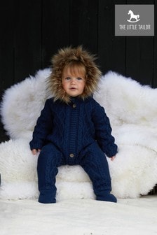 The Little Tailor Navy Baby Knitted Faux Fur Trim Fully Lined Pramsuit