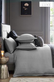 Grey Collection Luxe 100% Cotton 300 Thread Count Satin Stripe Duvet Cover and Pillowcase Set