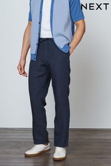 Navy Blue Linen Drawstring Regular Fit Trousers (A57055) | £35