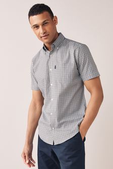 Olive Green Gingham Regular Fit Short Sleeve Easy Iron Button Down Oxford Shirt (A57888) | £20