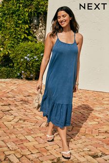 Blue Broderie Hem Strappy Summer Dress (A58308) | £36