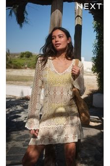 Ecru White Long Sleeved Crochet Summer Dress (A58364) | £36