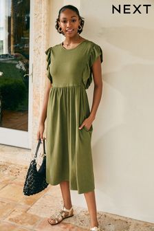 Khaki Green Frill Sleeve Summer T-Shirt Dress (A58365) | £24