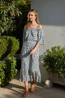 Blue Floral Off Shoulder Summer Dress (A58373) | £26