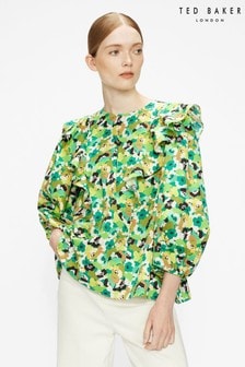 Ted Baker Green Gigie Printed Frill Shoulder Balloon Sleeve Top
