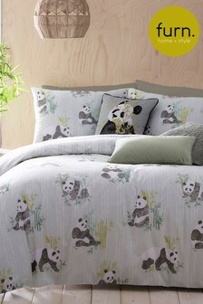 furn. Green Mint Pandas Reversible Printed Polycotton Duvet Cover and Pillowcase Set