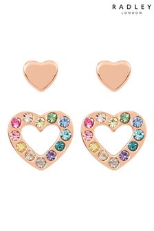Radley Sterling Silver 18ct Rose Gold Twin Pack Heart Design Earrings with Rainbow Set Stones