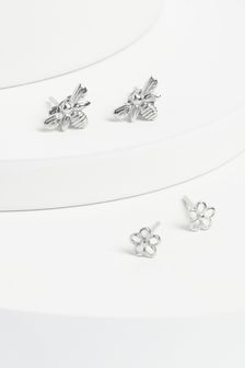 Sterling Silver Flower And Bee Stud Earring Pack (A62270) | £14