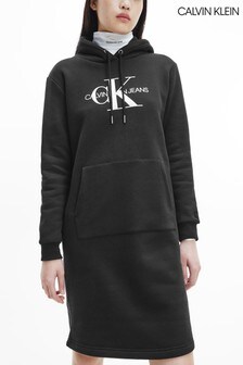 Calvin Klein Black Glossy Monogram Hoodie Dress