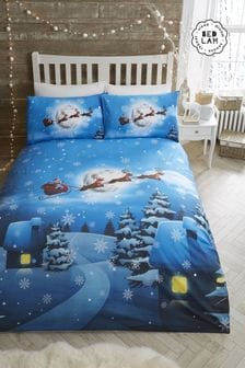 Bedlam Blue Santa Glow in the Dark Duvet Cover and Pillowcase Set