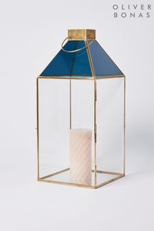Oliver Bonas Blue Luer Blue Glass & Gold Lantern Extra Large Tealight Holders