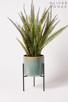 Oliver Bonas Turquoise Blue Abuo Short Ceramic Plant Pot and Stand
