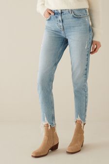 Mid Blue Scratched Hem Mom Jeans (A65271) | £35